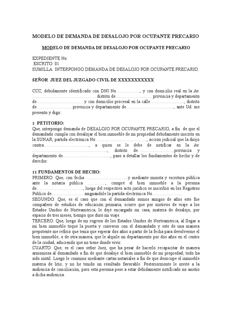 Modelo De Demanda De Desalojo Por Ocupante Precario Demanda Judicial