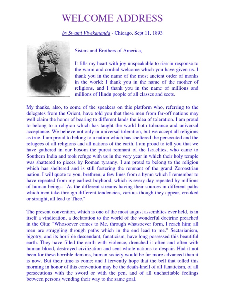 Vivekananda Chicago Speech Pdf Swami Vivekananda Religious Faiths