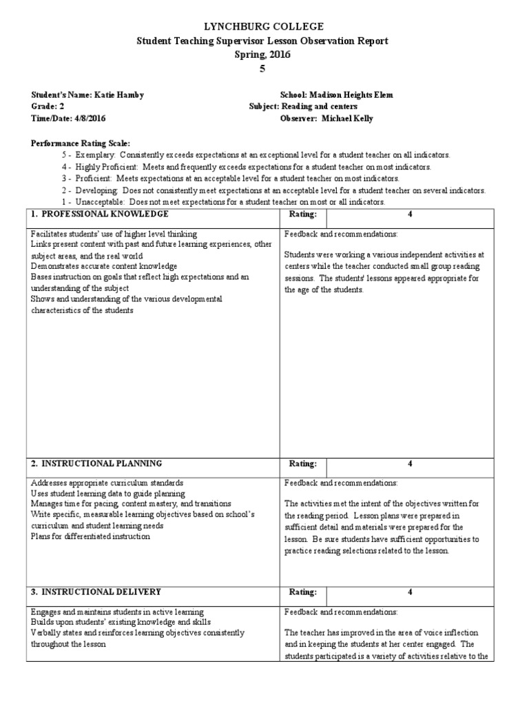 Student Teaching Observation Report 2016 | PDF | Differentiated ...