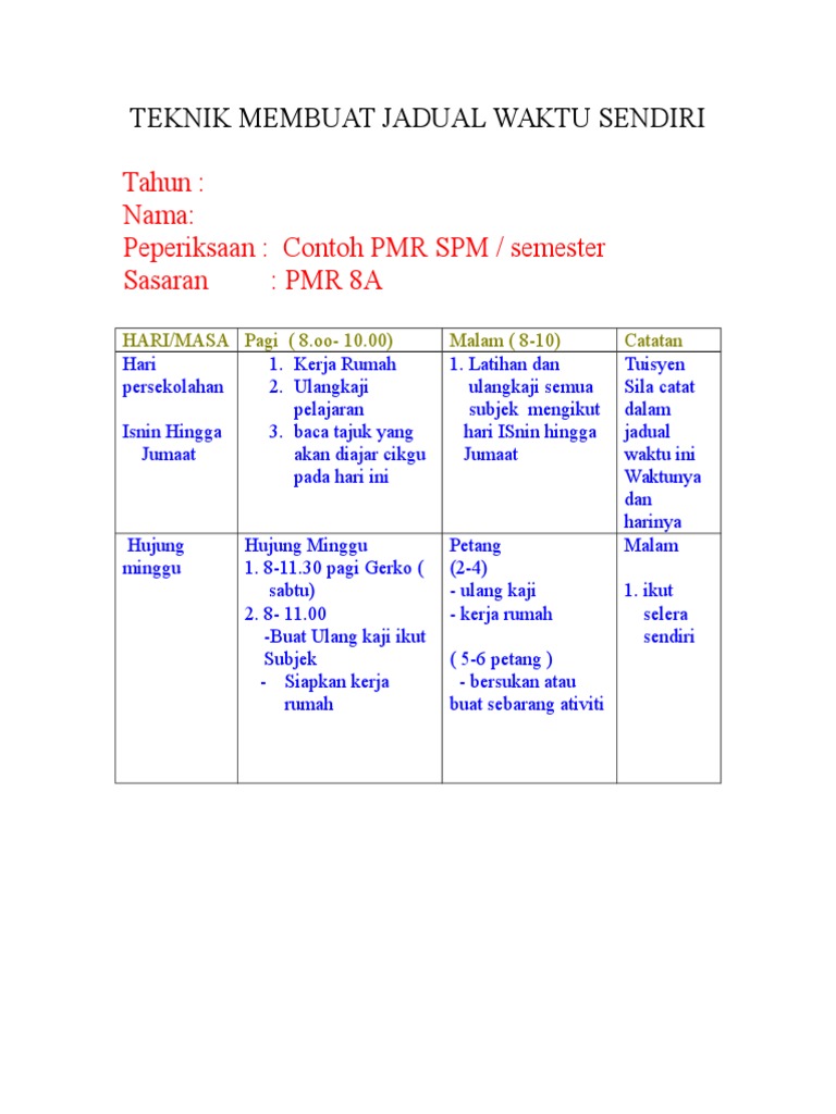 Kemahiran Belajar Dalam Duniaku Perancangan Jadual Belajar