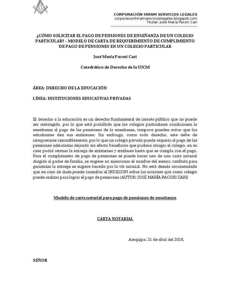 Como Solicitar El Pago De Pensiones De Ensenanza En Un Colegio Particular Modelo De Carta De Requerimiento De Cumplimiento De Pago De Pensiones En Un Colegio Particular Pdf Pagos Pension