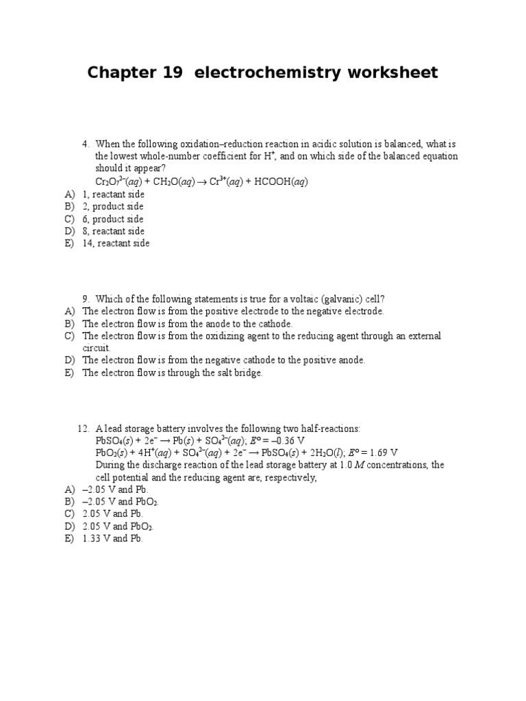 Chapter 19 Electrochemistry Worksheet PDF Electrochemistry Anode