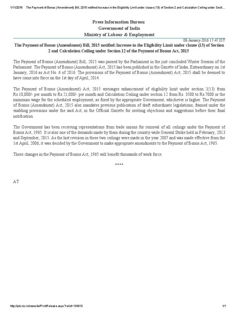 Bonus Act Amendment: Ceiling Increase | PDF