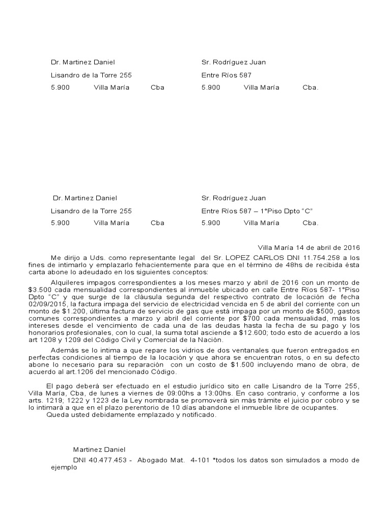 Modelo Carta Documento Cobro de Alquiler | PDF