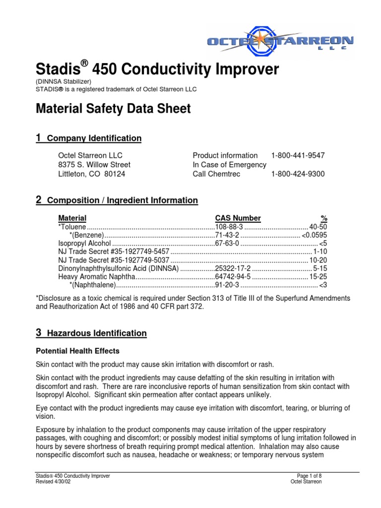 MSDS of Stadis-450 PDF | PDF | Firefighting | Toxicity