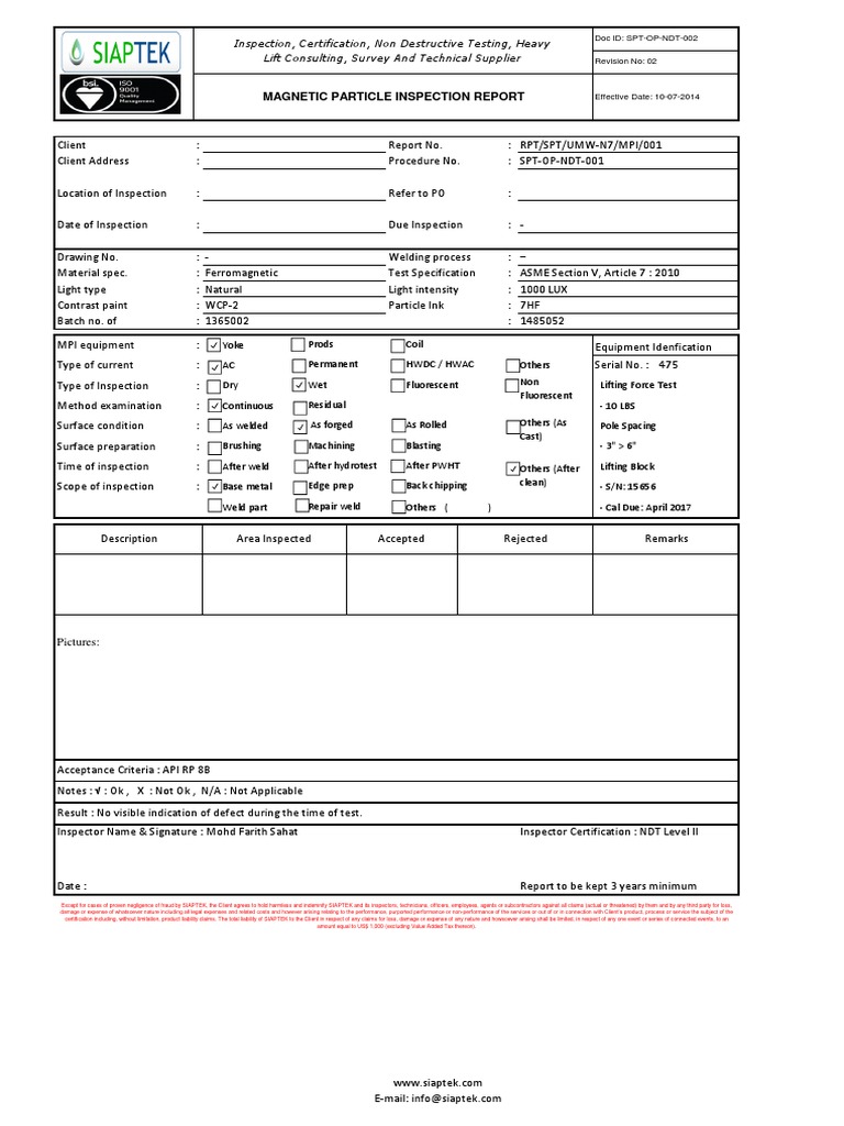 Magnetic Particle Inspection Report | PDF | Finance & Money Management