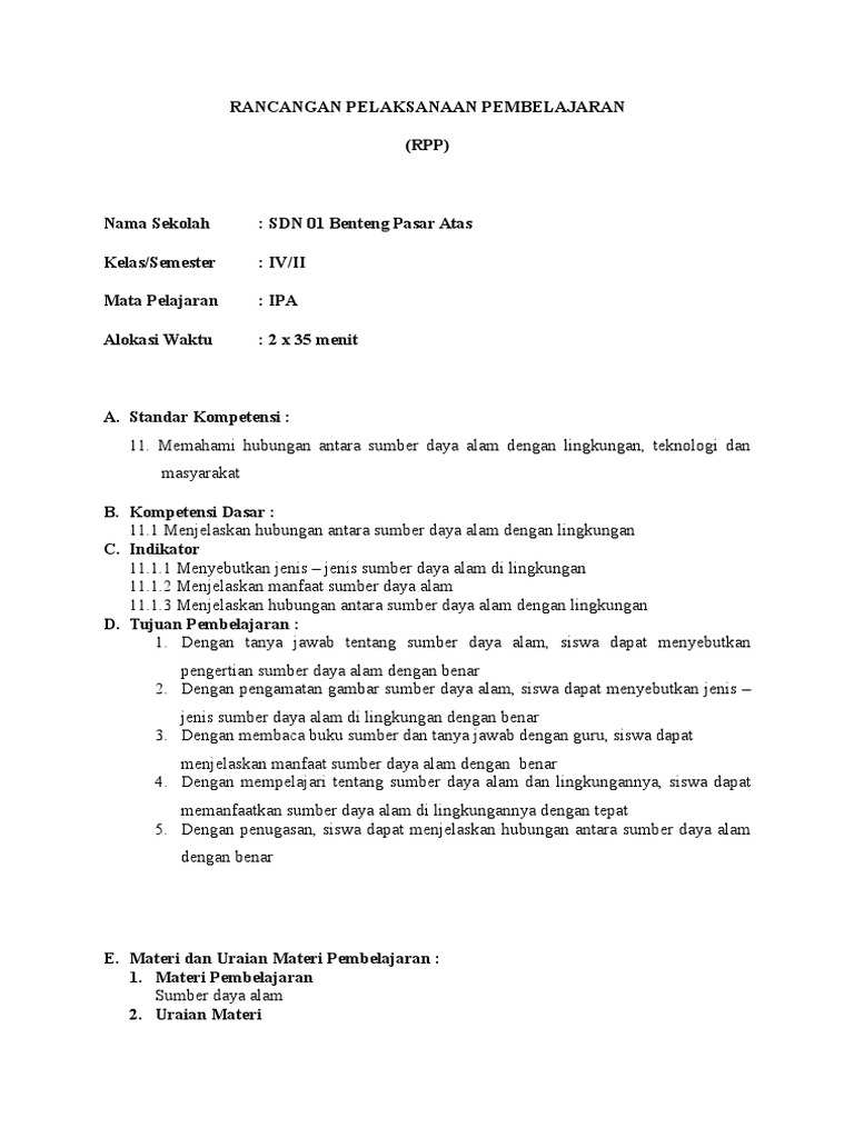 Rpp Ipa Kelas 4 Sd