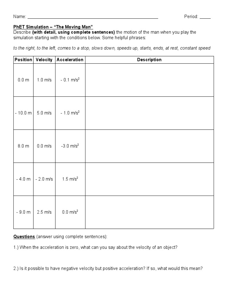 Phet Moving Man Worksheet Acceleration Velocity