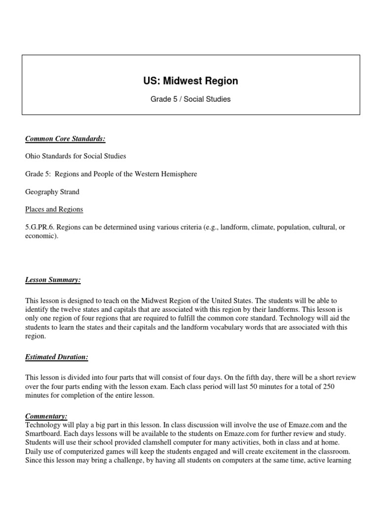 US: Midwest Region Lesson Plan | Quiz | Test (Assessment)