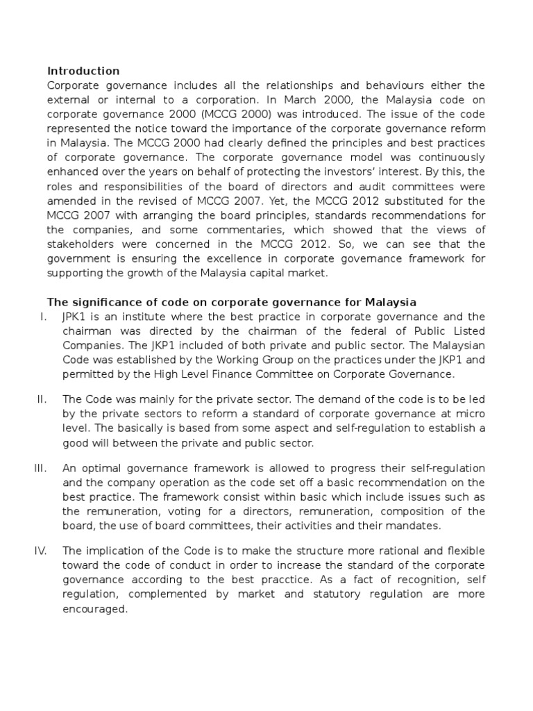 Evolution Of Corporate Governance Standards In Malaysia A Comparison