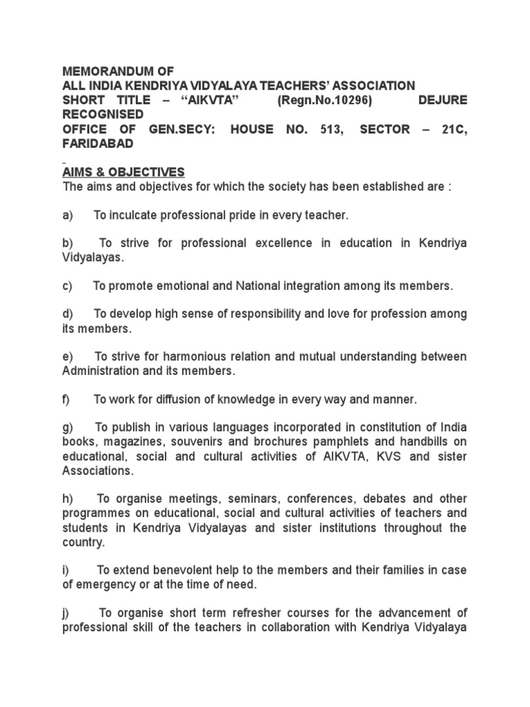 AIKVTA Memorandum and Objectives | PDF | Fee | Teachers