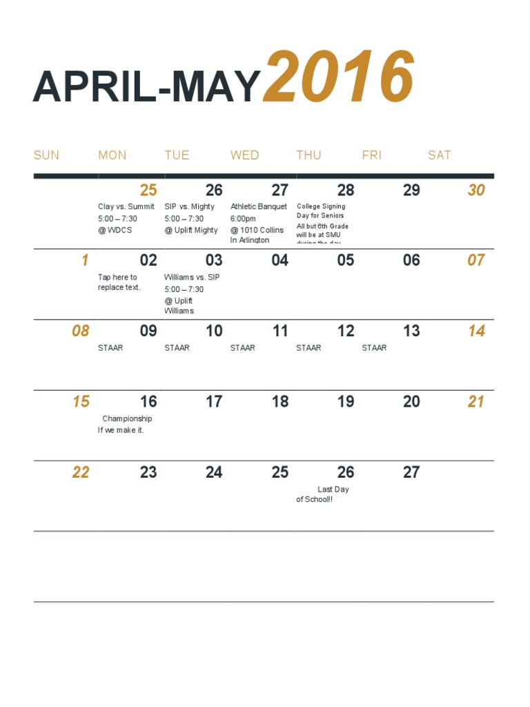 April-May 2016 School Events Calendar | PDF