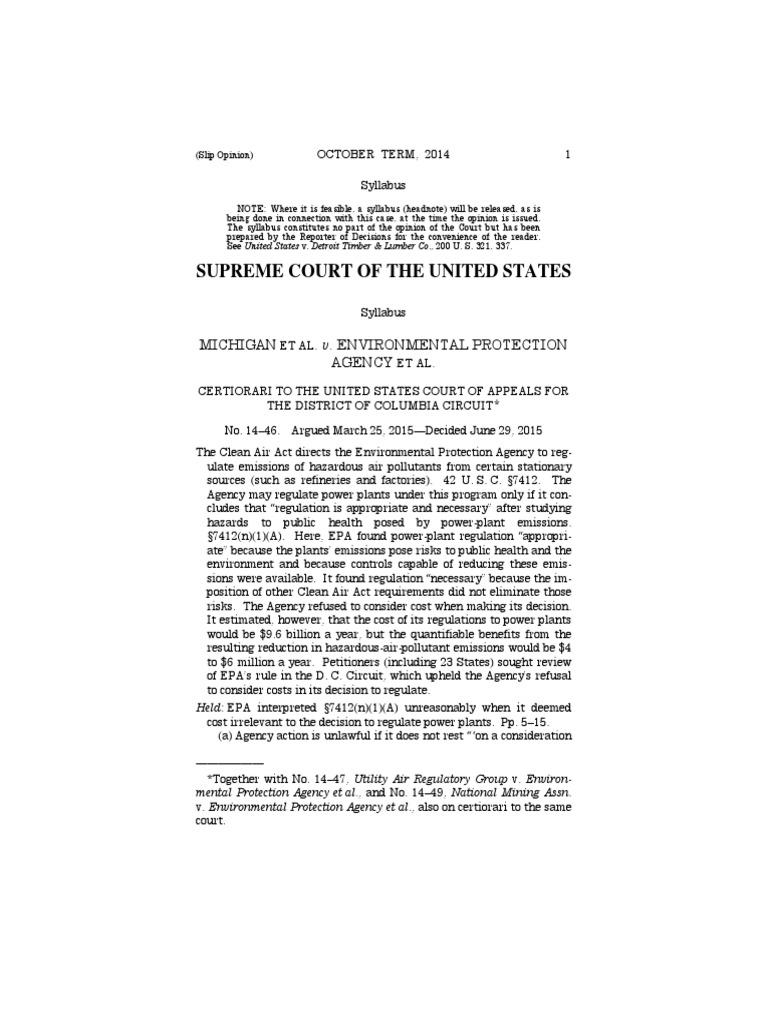 Michigan v. EPA (2015) | Download Free PDF | Air Pollution | United ...