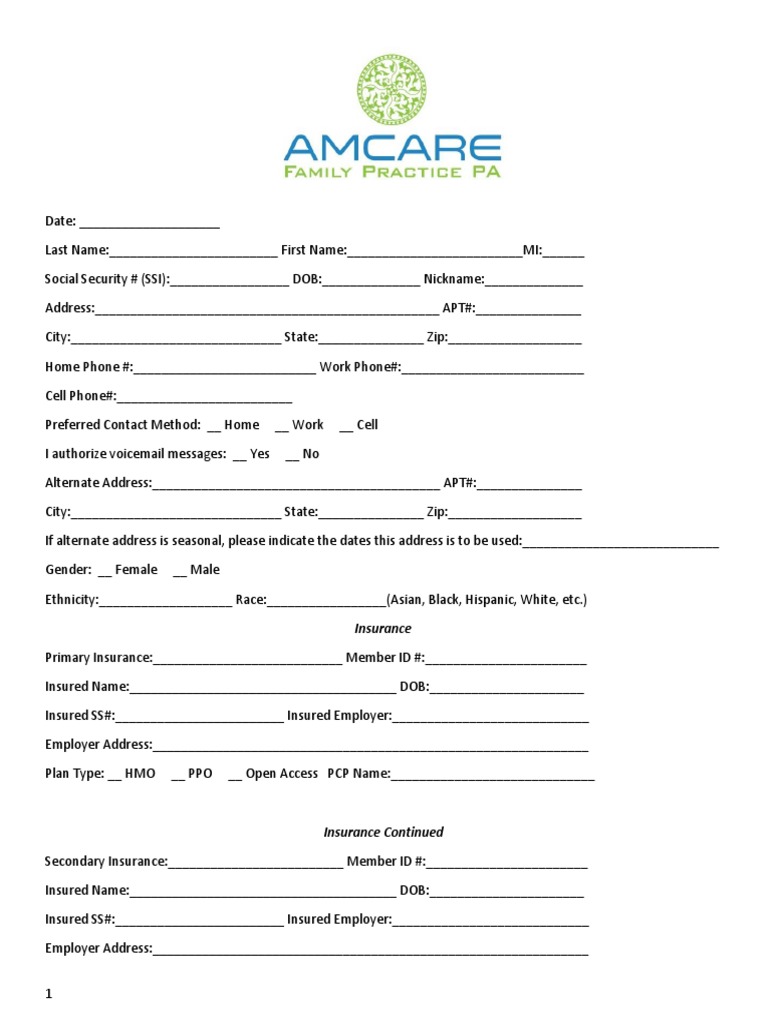 Patient Information and Medical History Form | PDF | Health Insurance ...