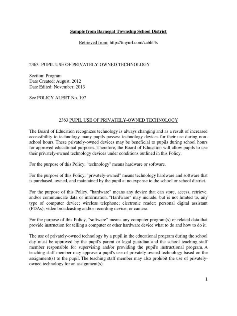 Barnegat Township Privately Owned Technology Policy Sample | PDF ...