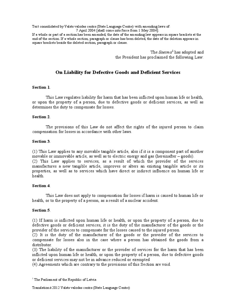 On Liability For Defective Goods and Deficient Services | PDF | Legal ...