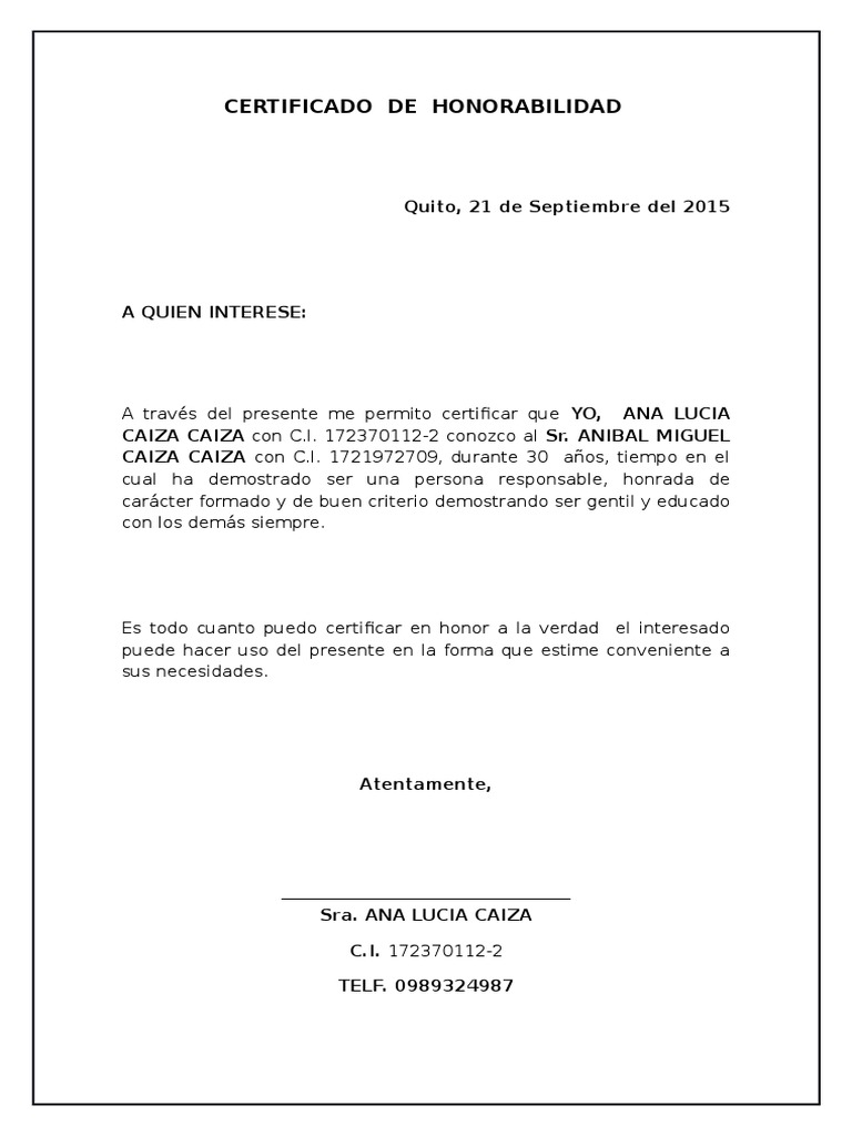 Certificado de Honorabilidad 2015