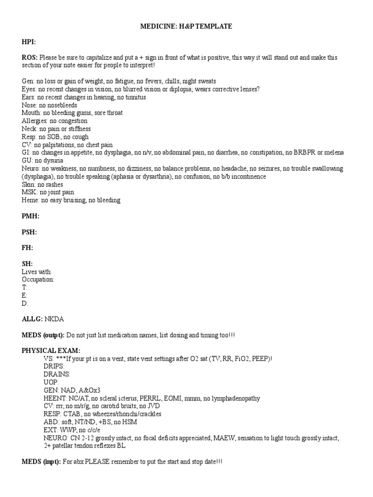 Pediatric H&P Template Guide | PDF