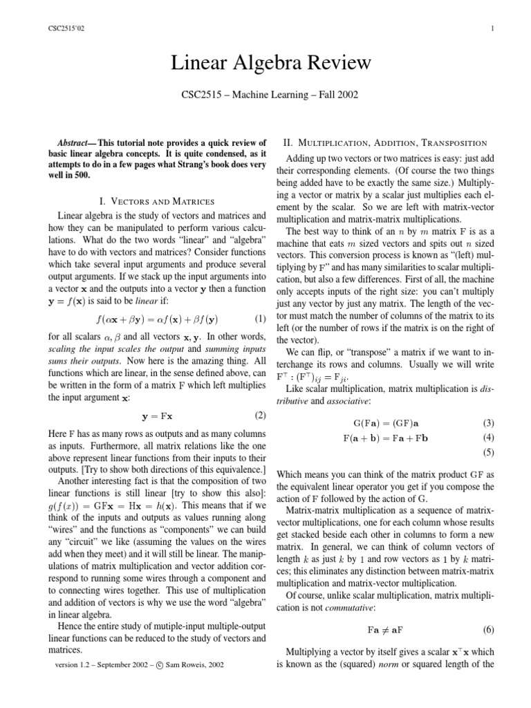 Linear Algebra Review: CSC2515 - Machine Learning - Fall 2002 | PDF ...