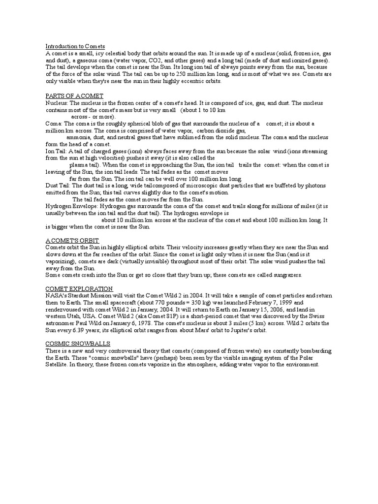 Introduction To Comets Pdf Comet Sun