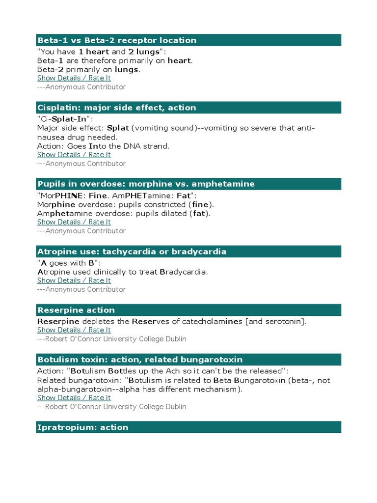 Pharmacology Mnemonics | PDF