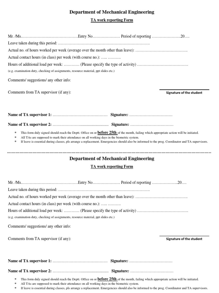 TA Work Reporting Form Template | PDF | Computers