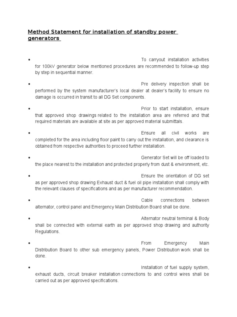 Standby Generator Installation Method Statement | PDF | Technology ...