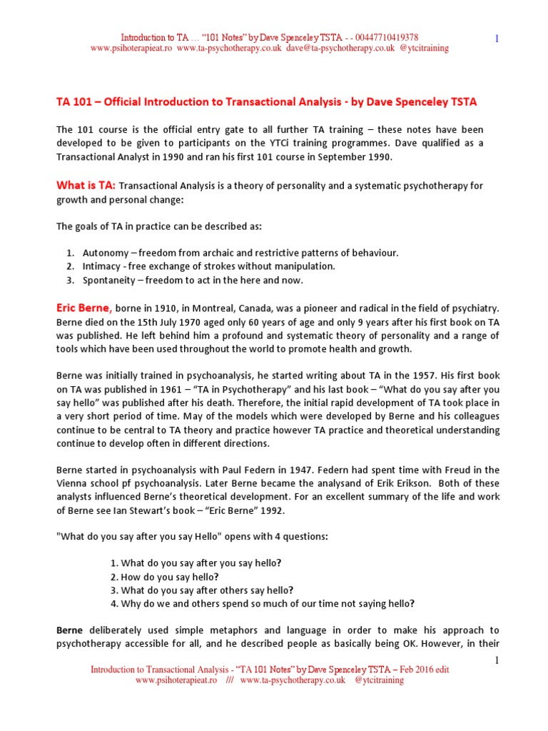 Introduction to Transactional Analysis 101 | PDF