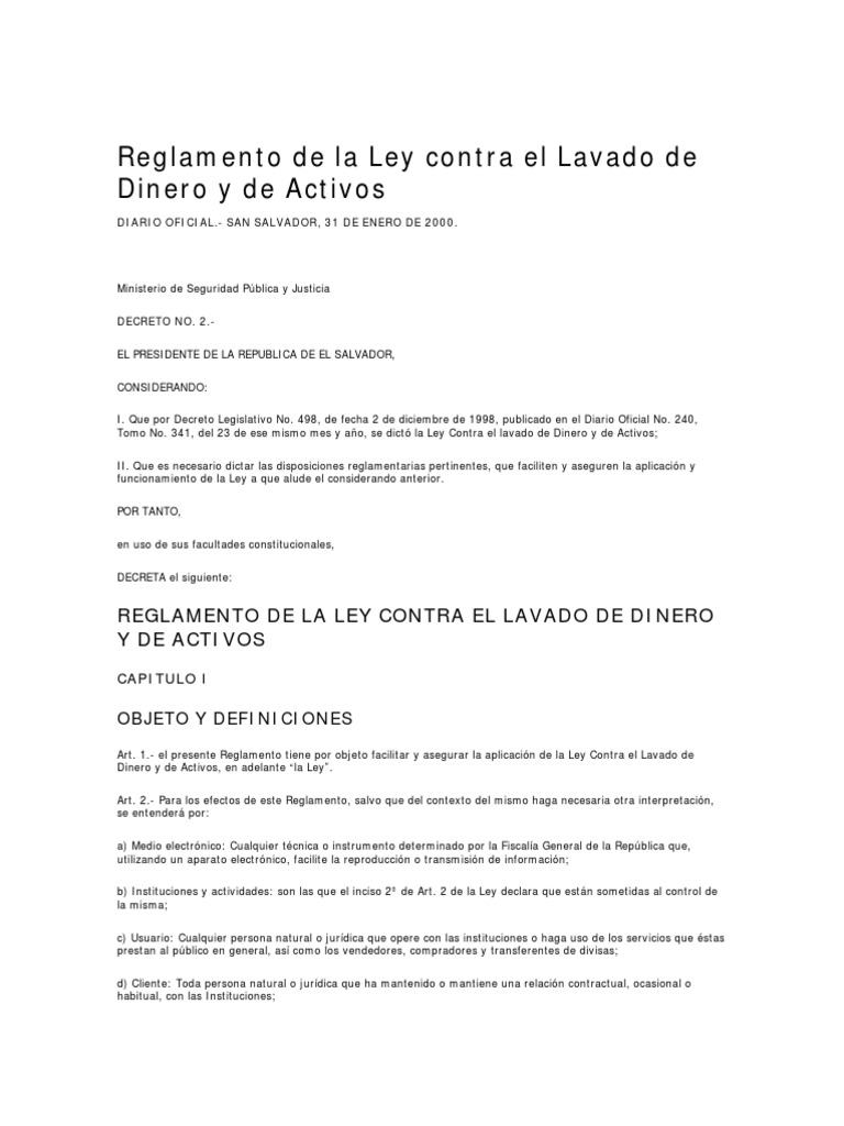 Reglamento de La Ley Contra El Lavado de Dinero y de Activos | PDF ...