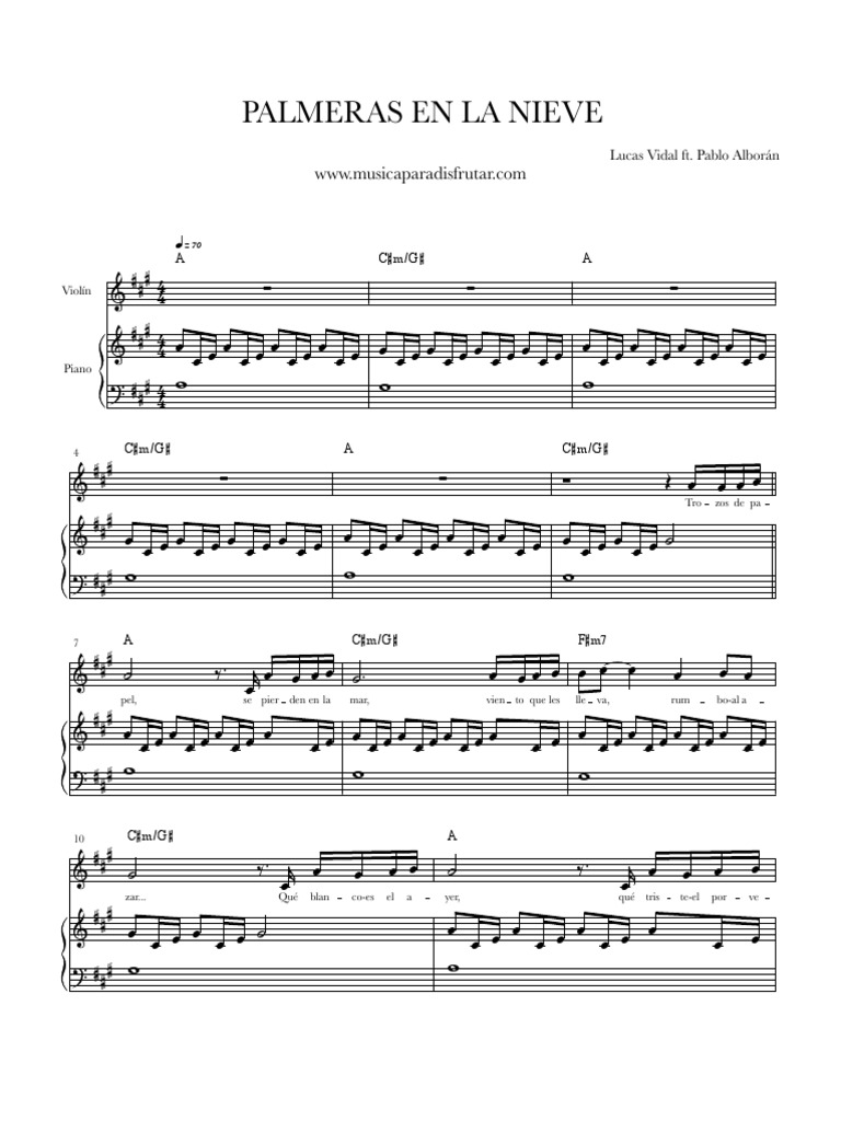 Partitura Piano y Violin PALMERAS en LA NIEVE Lucas Vidal Ft. Pablo Alboran  A | PDF