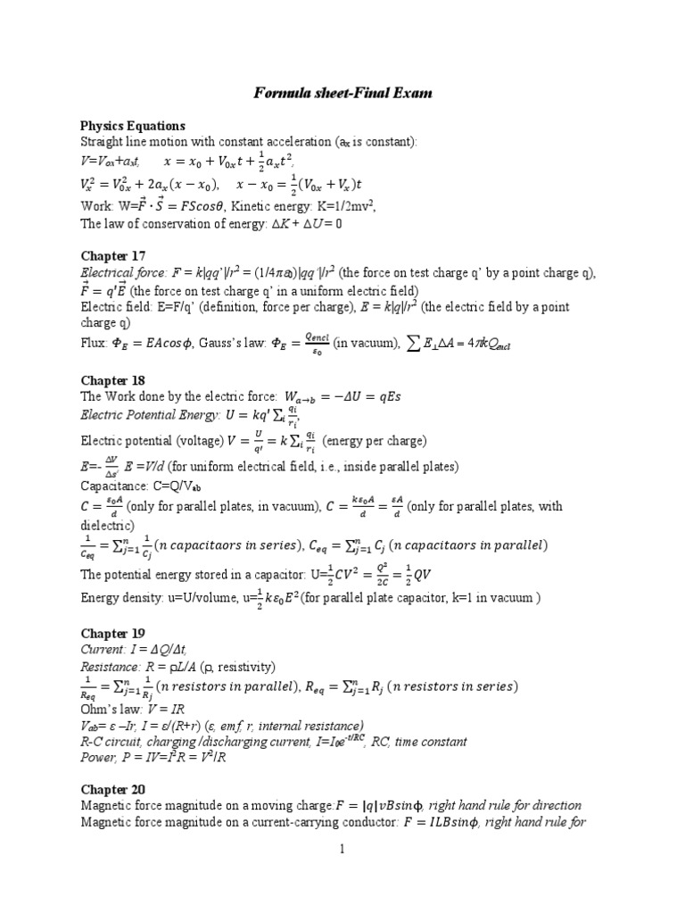 Formula SheetFinal Exam Inductance Electric Field
