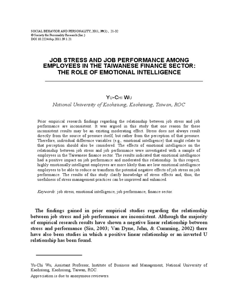 Job Stress and Job Performance Among Employees in The Taiwanese Finance ...