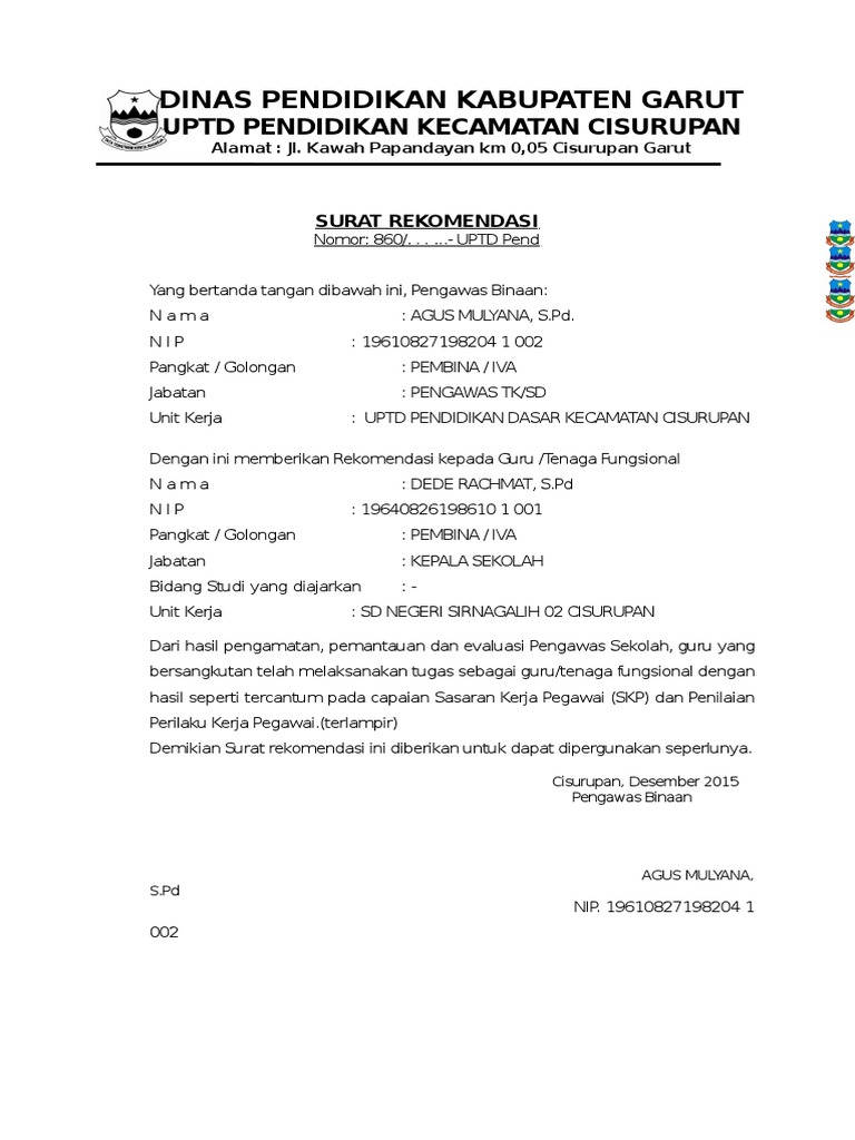 Contoh Surat Rekomendasi Dari Pengawas