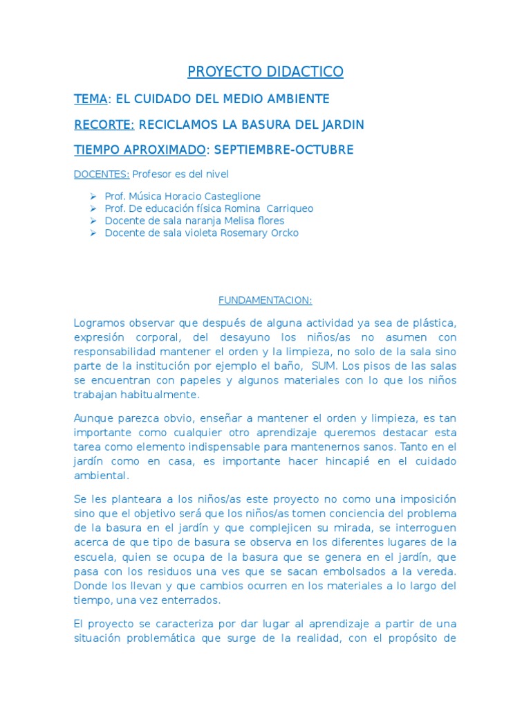 PROYECTO DIDACTICO Cuidado Del Medio Ambiente | PDF | Papel | Residuos
