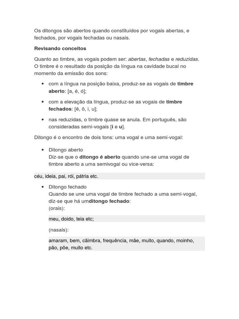 Ditongos - Aberto e Fechado | PDF | Vogal | Fonética