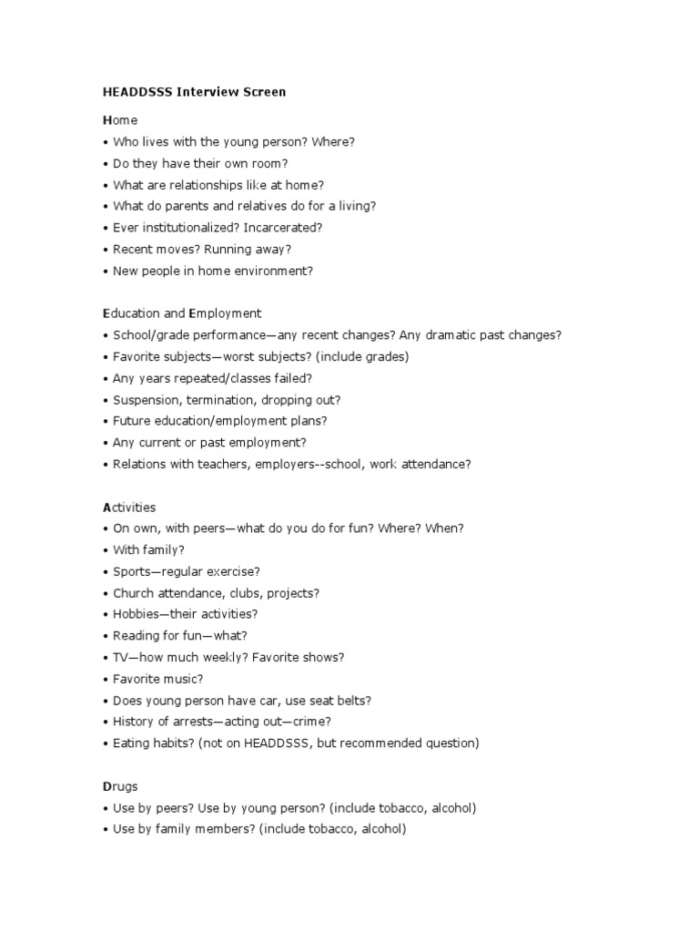 HEADDSSS Screening Interview Guide | PDF