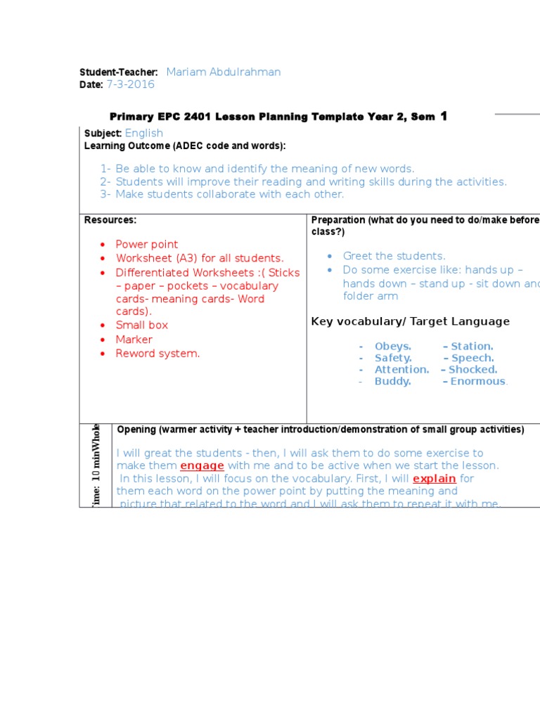 Lesson Plan 3 Vocabulary | PDF | Reading (Process) | Vocabulary