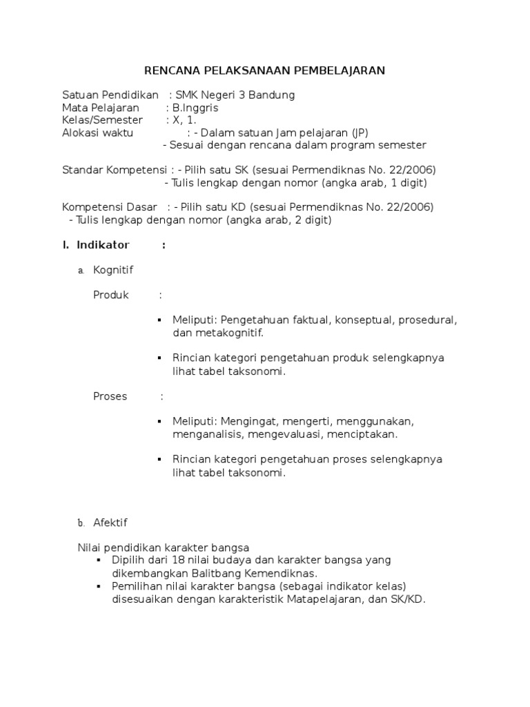 Contoh Rpp Indikator Kognetif Afektif Dan Psikomotor