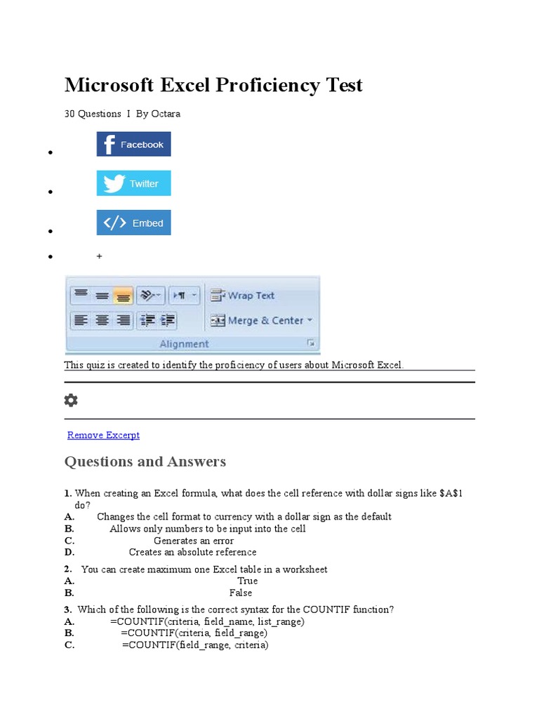 Microsoft Excel Proficiency Test Microsoft Excel Spreadsheet