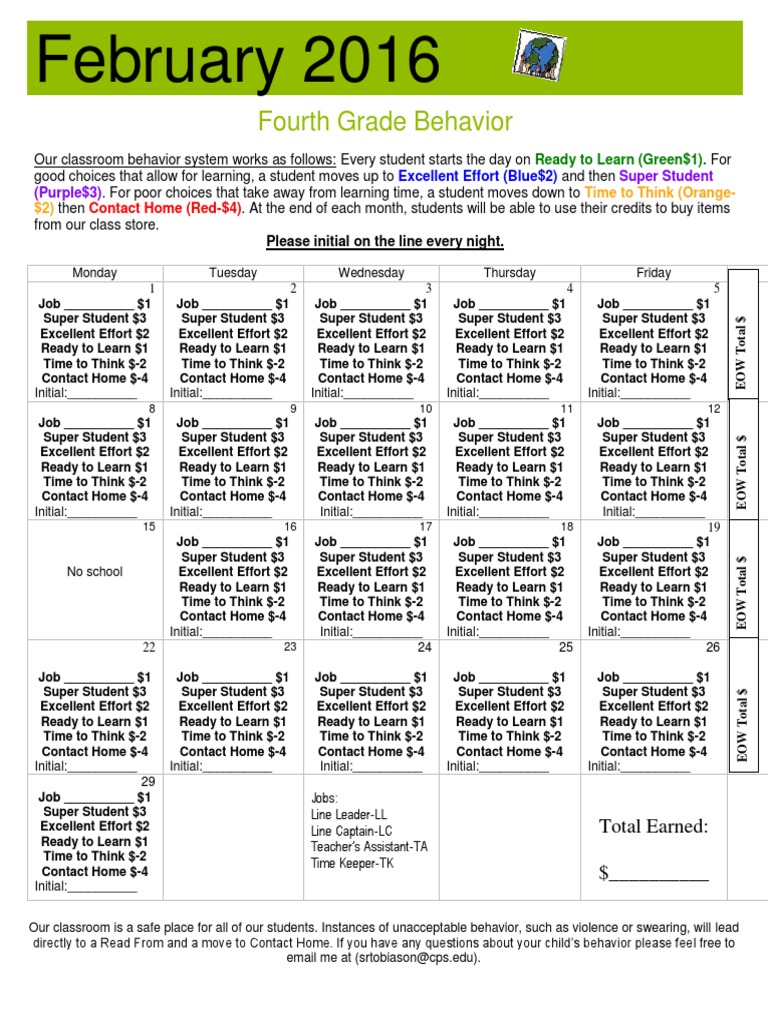 February Behavior Calendar PDF Educational Environment