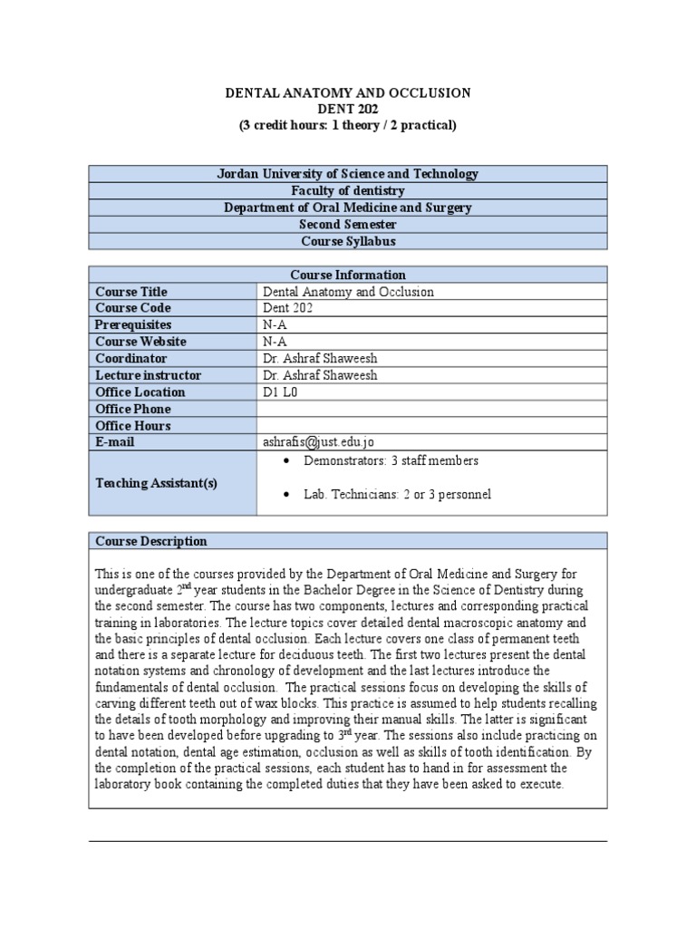 DENT 202 Course Syllabus PDF Dental Anatomy Physiognomy