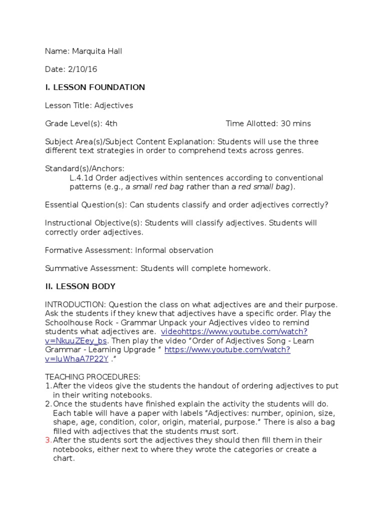 Adjective Classification Lesson Plan | PDF | Language Arts & Discipline