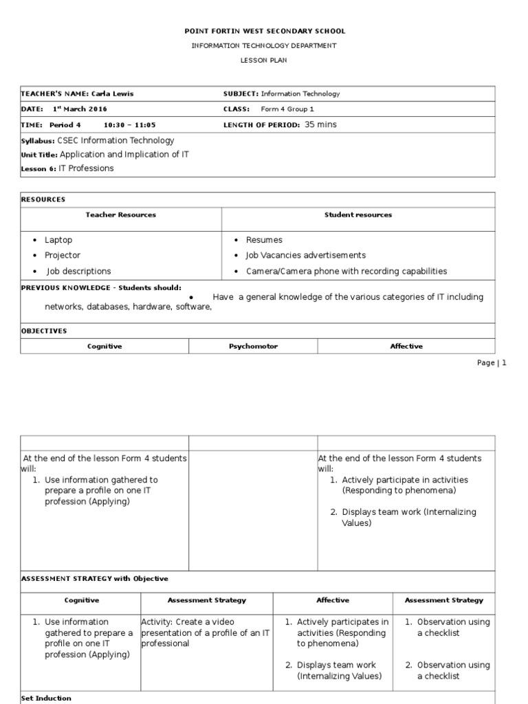 IT Professions Lesson Plan for Kids | PDF | Lesson Plan | Educational ...