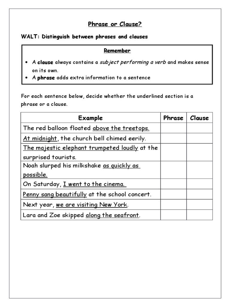 Grade 7 Phrase And Clause Worksheet