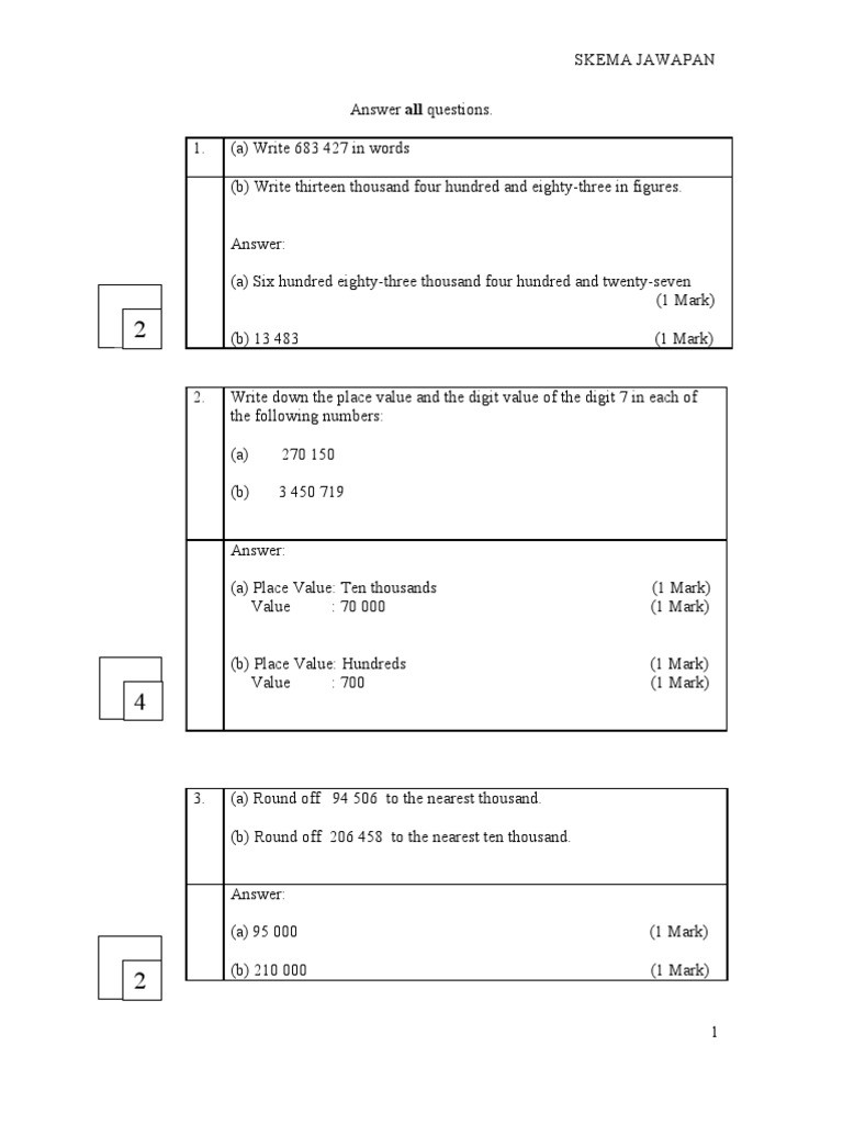 Soalan Peperiksaan Matematik Tingkatan 1 Kertas 2 Skema Jawapan Mathematical Notation Arithmetic