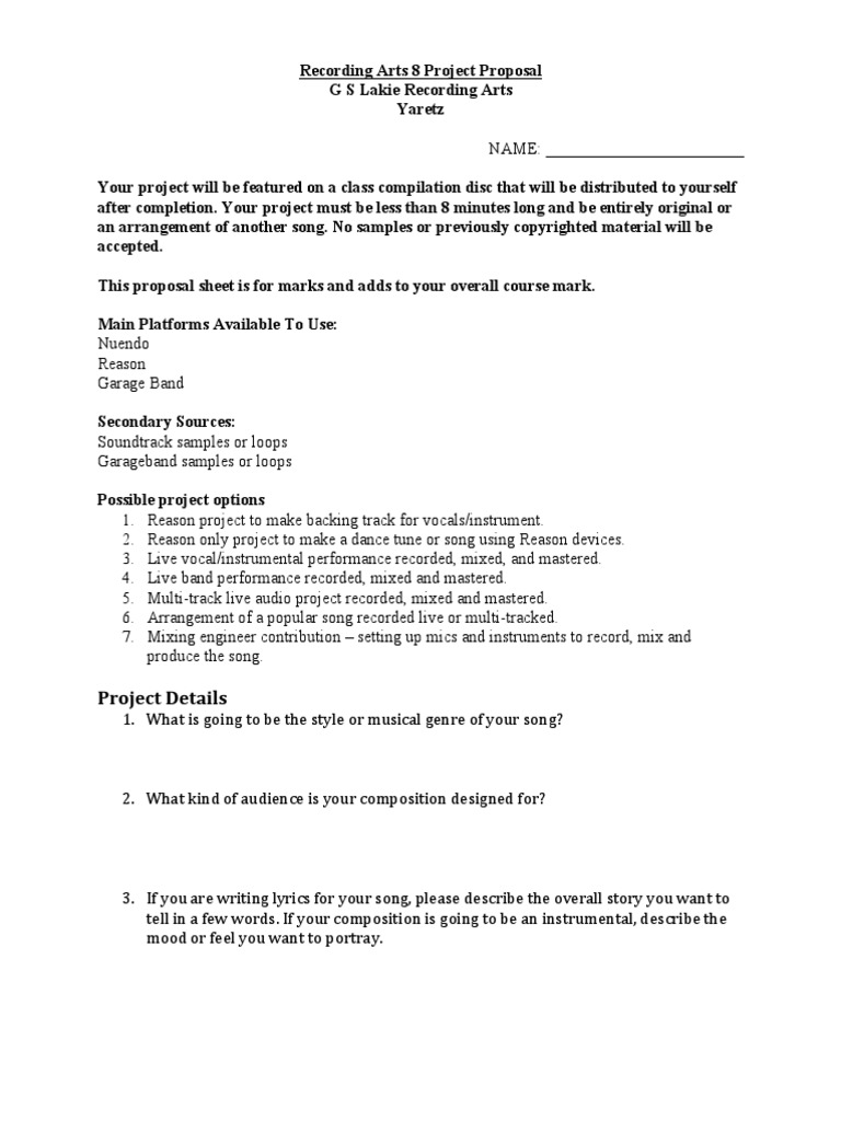 Recording Arts 8 Project Proposal | PDF | Song Structure | Musical ...