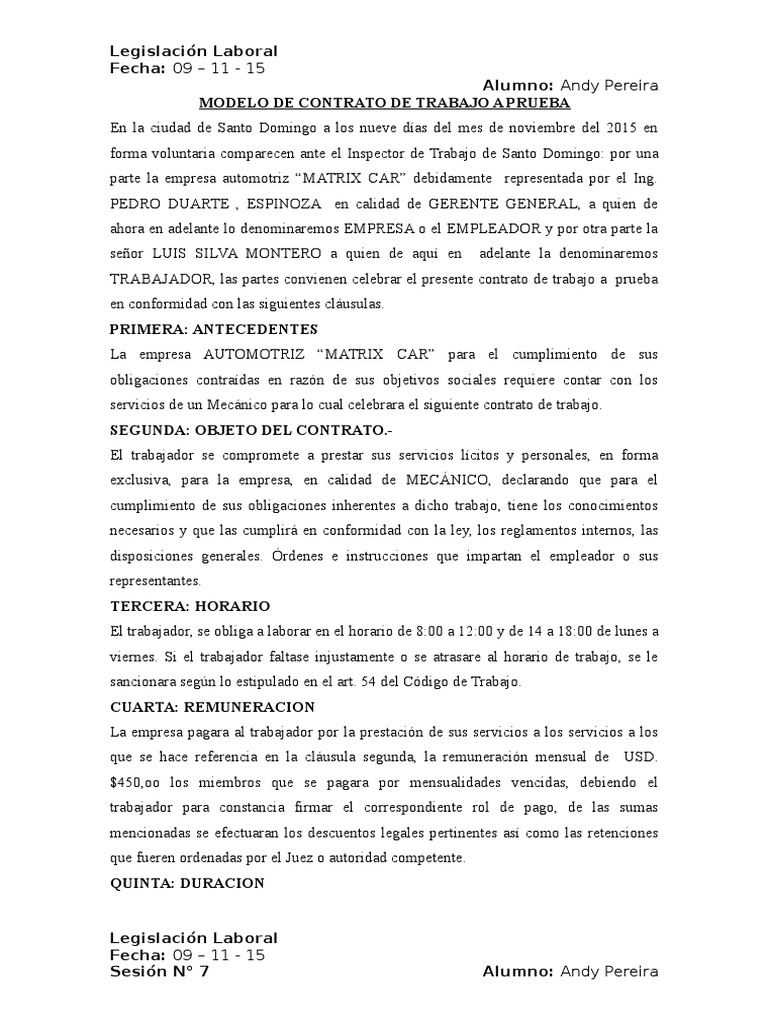 Modelo de Contrato de Trabajo A Prueba Derecho laboral Instituciones sociales