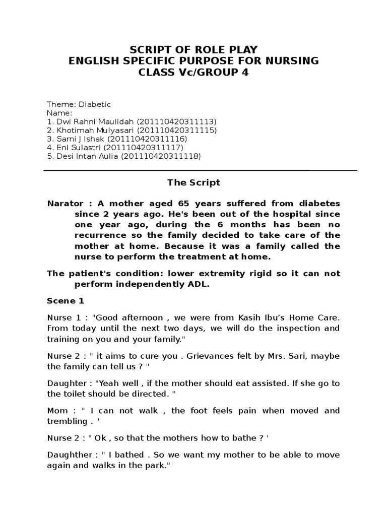 Script Of Role Play Epn Group 4 Diabetes Nursing