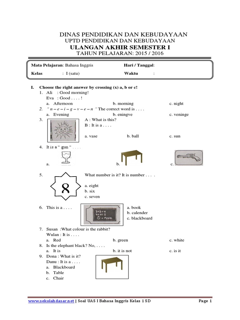 Soal UAS Semester 1 Bahasa Inggris Kelas 1