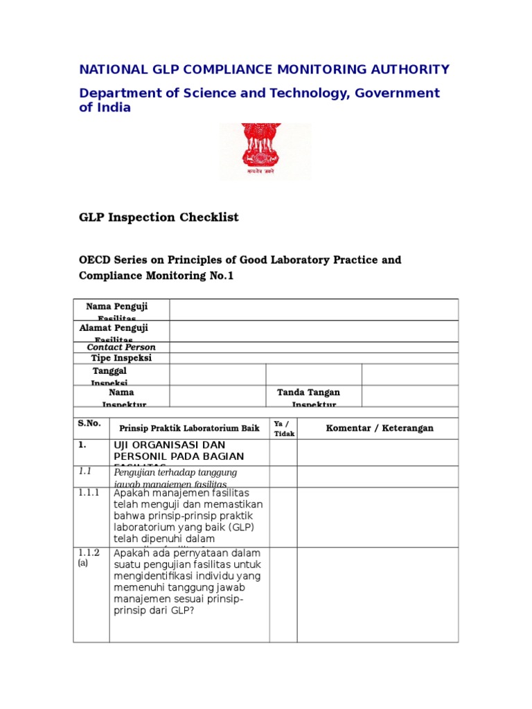 Checklist Inspeksi GLP Nasional India | PDF